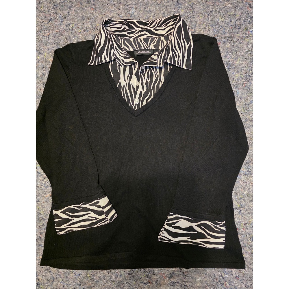 843 Notations Black Layered Zebra Print V-Neck Sweater Women Lg Long Sleeve Top